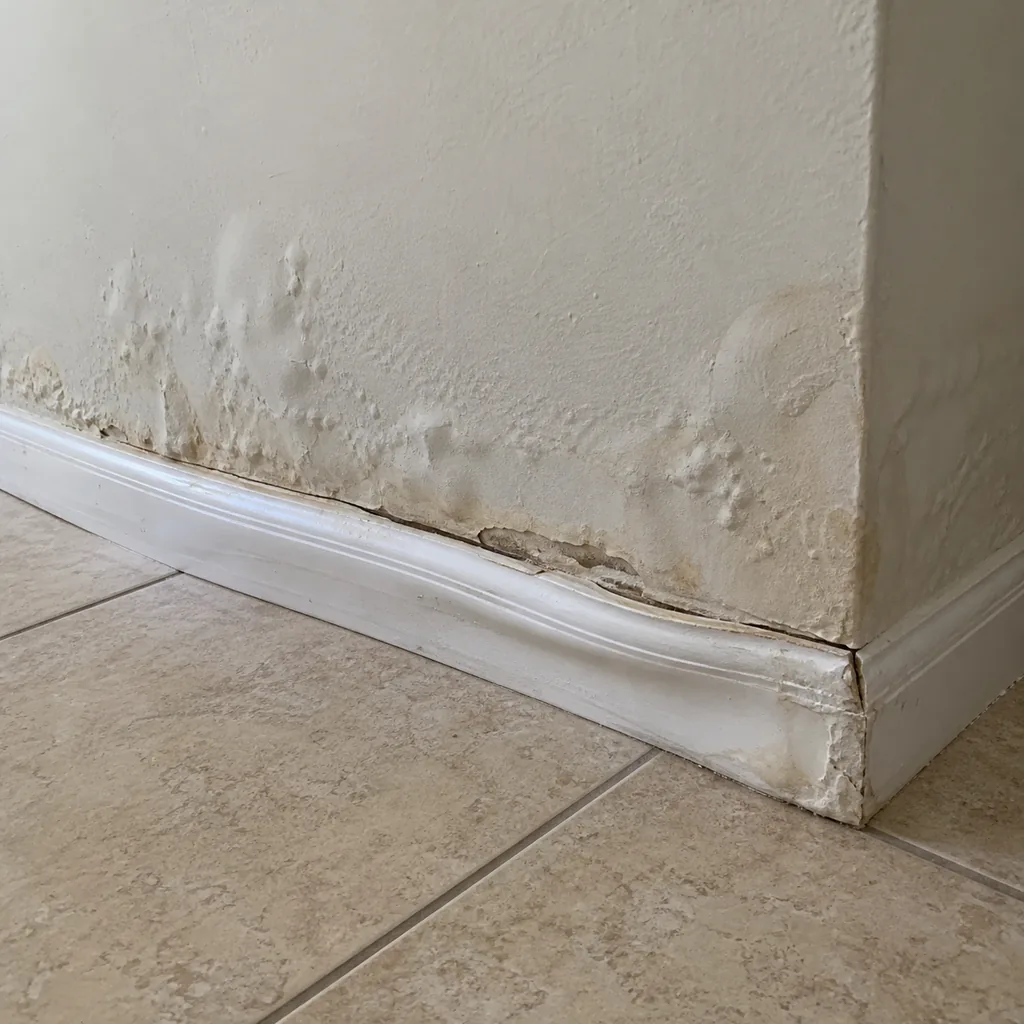 Swollen baseboard and blistered drywall at the base of a water damaged wall