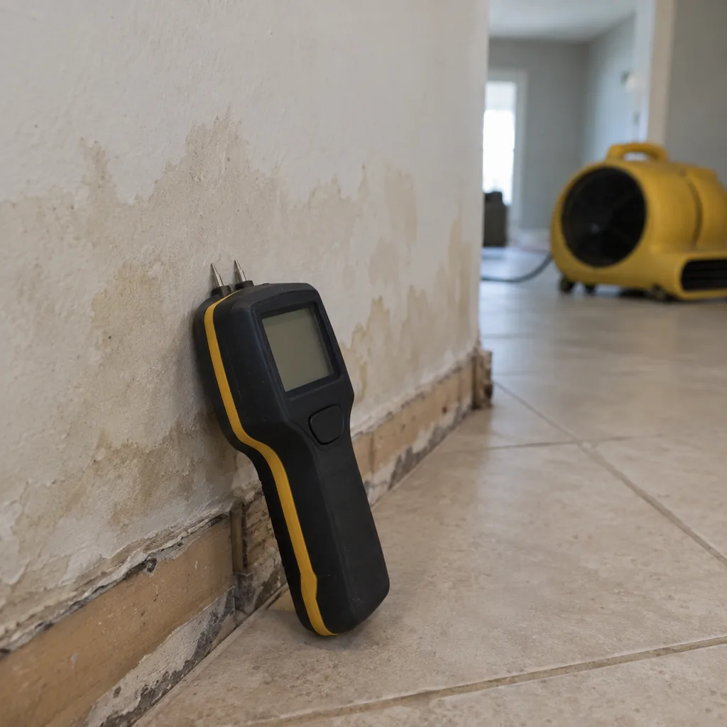 Moisture meter held against drywall above a removed baseboard