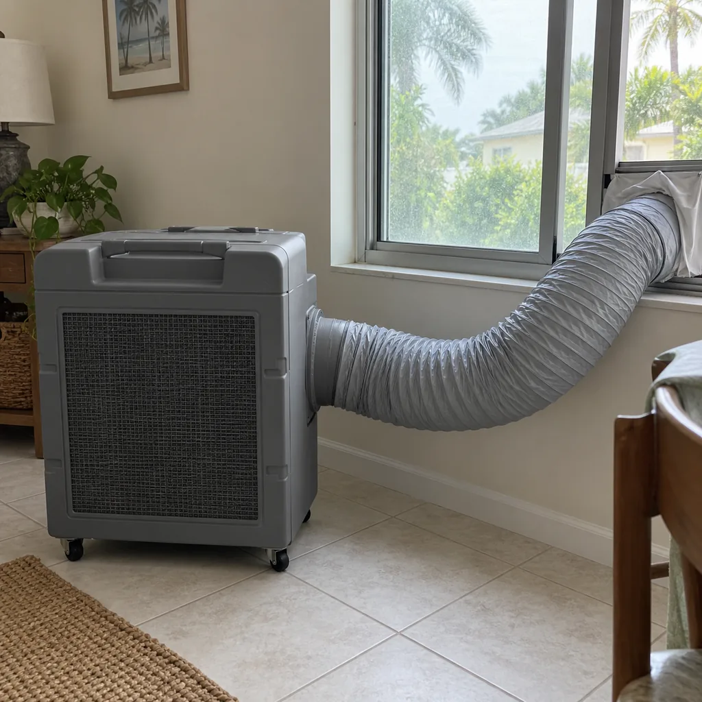 Air scrubber with ducting routed to a window during drying