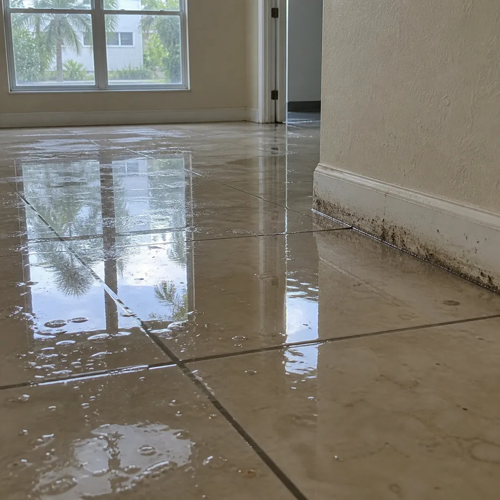 Standing water pooled along the grout lines of a tiled Orlando floor