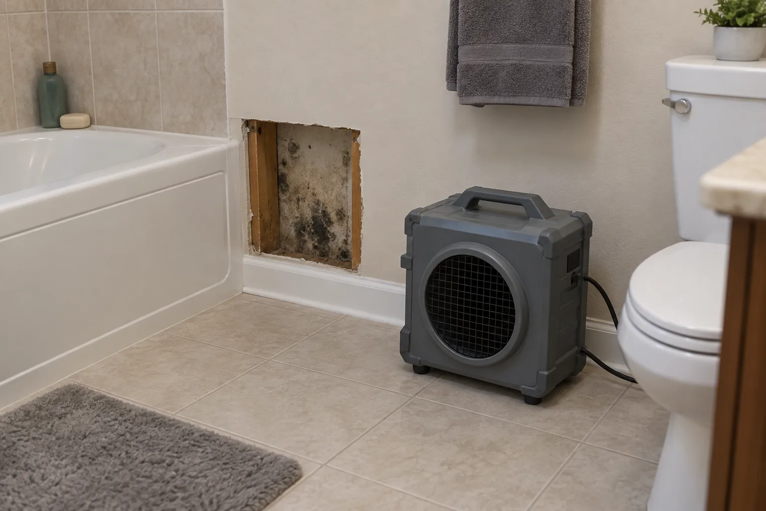 Drywall removed beside a bath panel in an Orlando bathroom showing mould staining