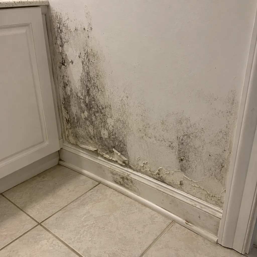 Dark mould staining spreading up drywall behind a bathroom vanity
