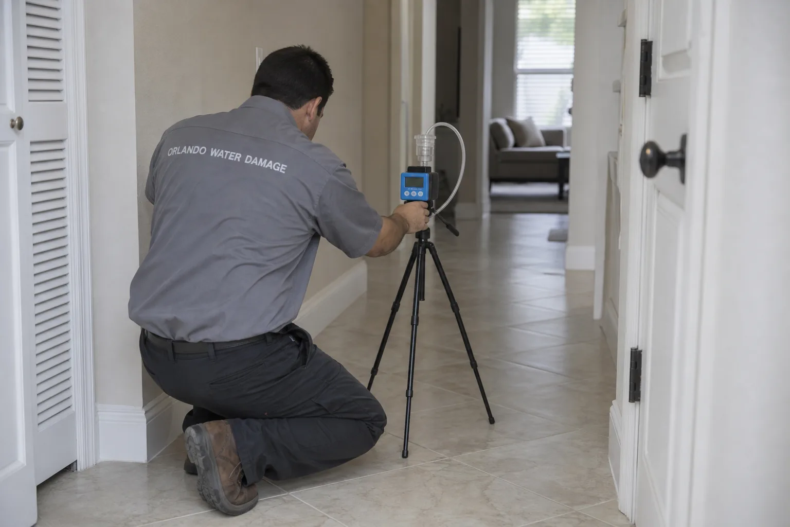 Technician setting up an air sampling pump on a tripod in an Orlando hallway