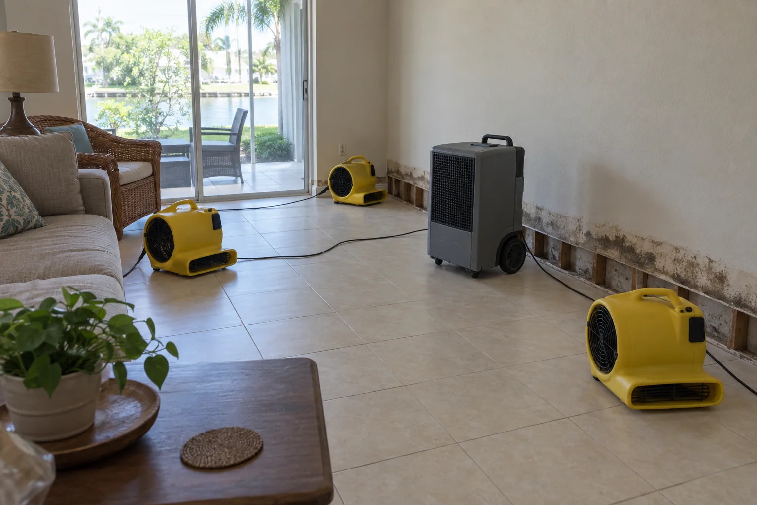 Air movers and a dehumidifier drying an Orlando living room after a leak