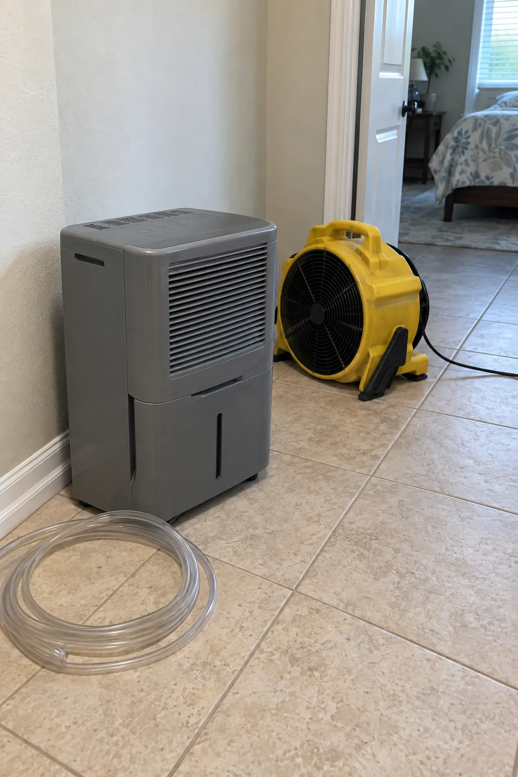 Dehumidifier and drainage hose set up on a tiled floor beside a doorway