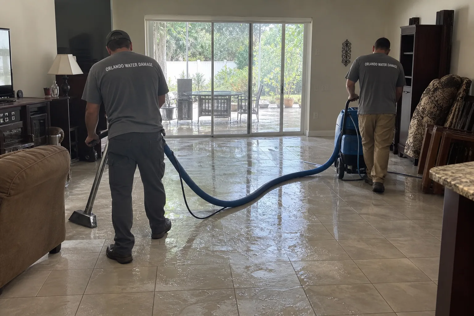Technicians extracting standing water from a tiled floor in an Orlando home