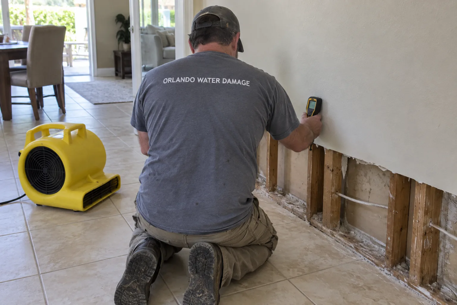 Technician taking a moisture reading on drywall above a removed baseboard