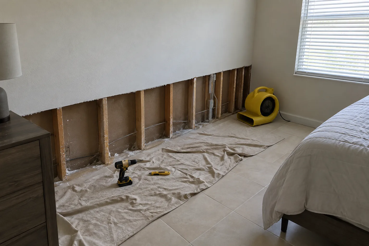 Flood cut in an Orlando bedroom wall exposing studs, tools on a dust sheet